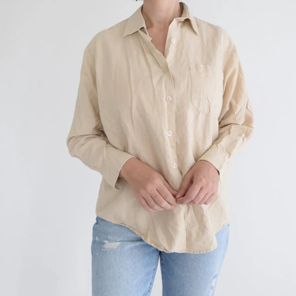 Vintage Bill Blass Jeans Beige 55%  Linen 45% Cotton Button Down Shirt Small - Picture 3 of 11